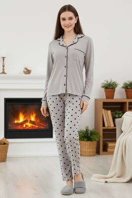 Remsa - Kadın Desenli Önü Düğmeli Yumuşak Milan Kumaş Pijama Takımı 250368 Gri (1)