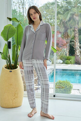 Remsa - Kadın Desenli Önü Düğmeli Yumuşak Milan Kumaş Pijama Takımı 250374 Koyu Vizon