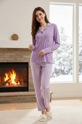 Remsa - Kadın Desenli Önü Düğmeli Yumuşak Milan Kumaş Pijama Takımı 250378 Lila01 (1)