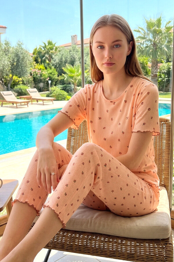 Kadın Desenli Pamuklu Kısa Kol Pointelle Kumaş Pijama Takımı 70753-3151 Somon - Thumbnail