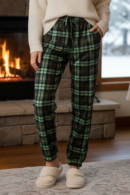 Remsa - Kadın Ekose Desen Paçası Lastikli Cep Detaylı Kadife Kumaş Tek Alt 505 Yeşil