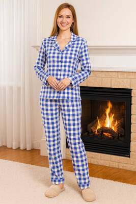 Remsa - Kadın Ekose Desen Suprem Önü Düğmeli Pijama Takımı 0470 Mavi03