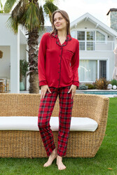 Remsa - Kadın Ekose Desenli Önü Düğmeli Yumuşak Milan Kumaş Pijama Takımı 250352 Kırmızı