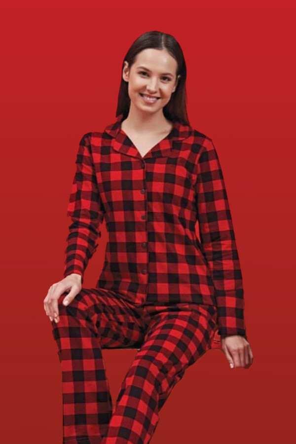 Kadın Ekose Desenli Penye Pijama Takımı 1623 Kırmızı