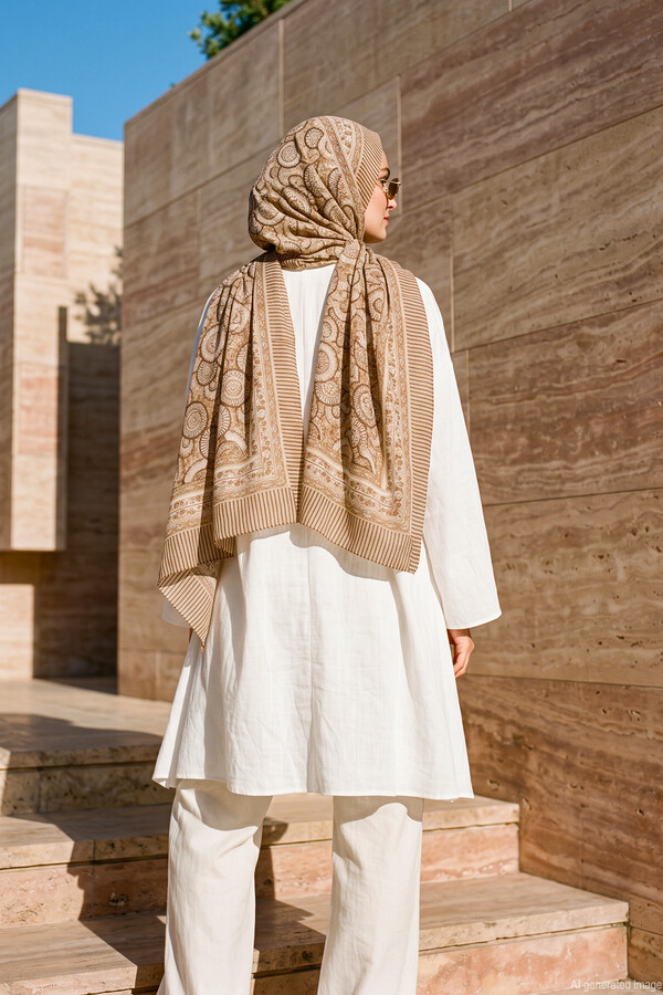 Kadın Etnik Madalyon Desen 80x180cm İthal Şal 3005 Camel - Thumbnail