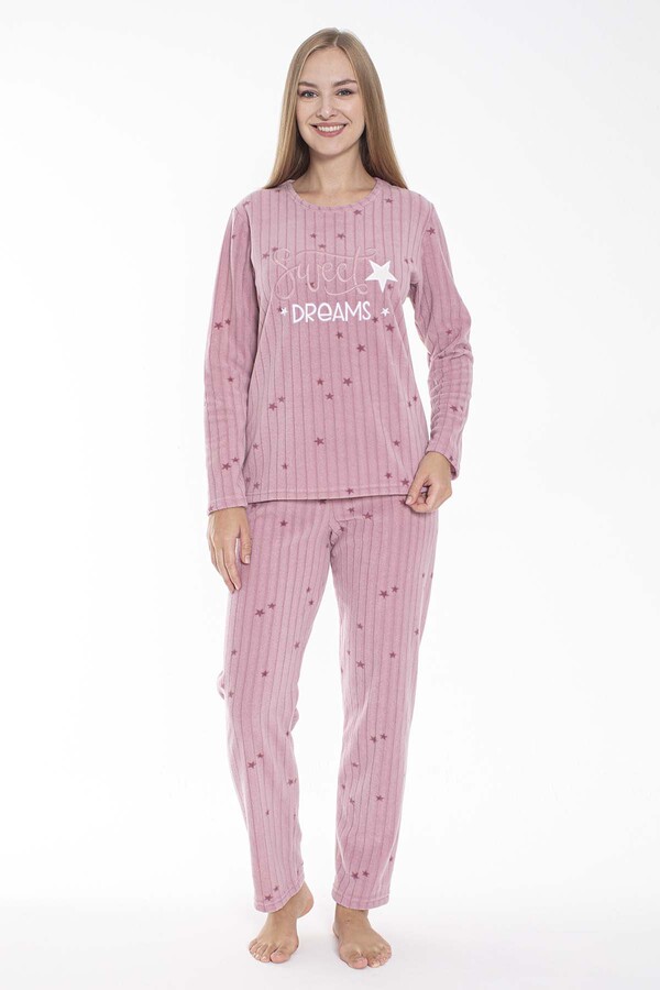Kadın Fitilli Kadife Pijama Takımı 24314 Pudra