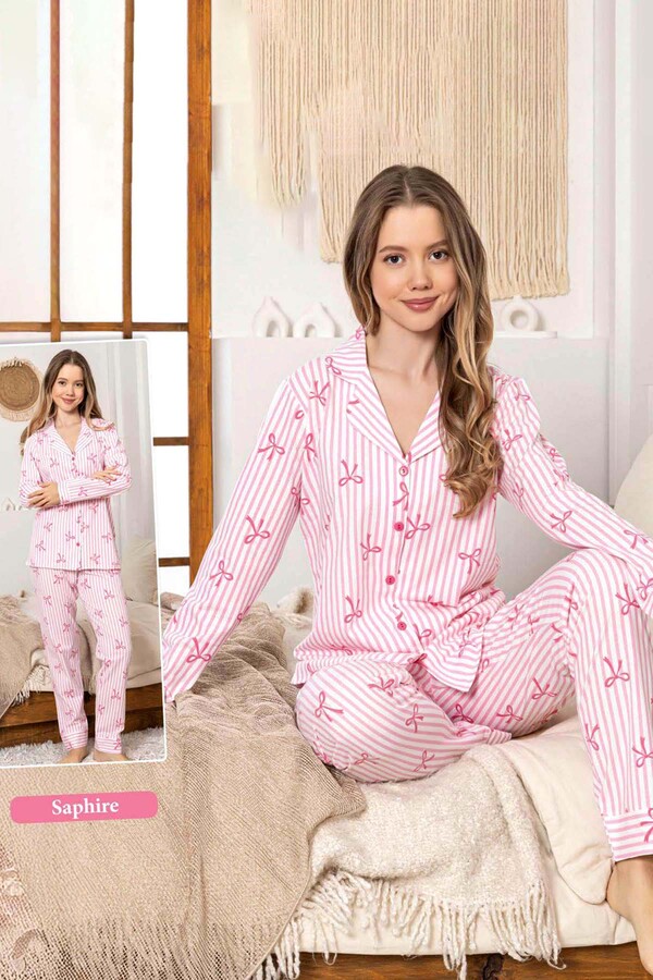 Kadın Fiyonk Desen Düğmeli Saphire Pijama Takımı 0376 Pembe - Thumbnail