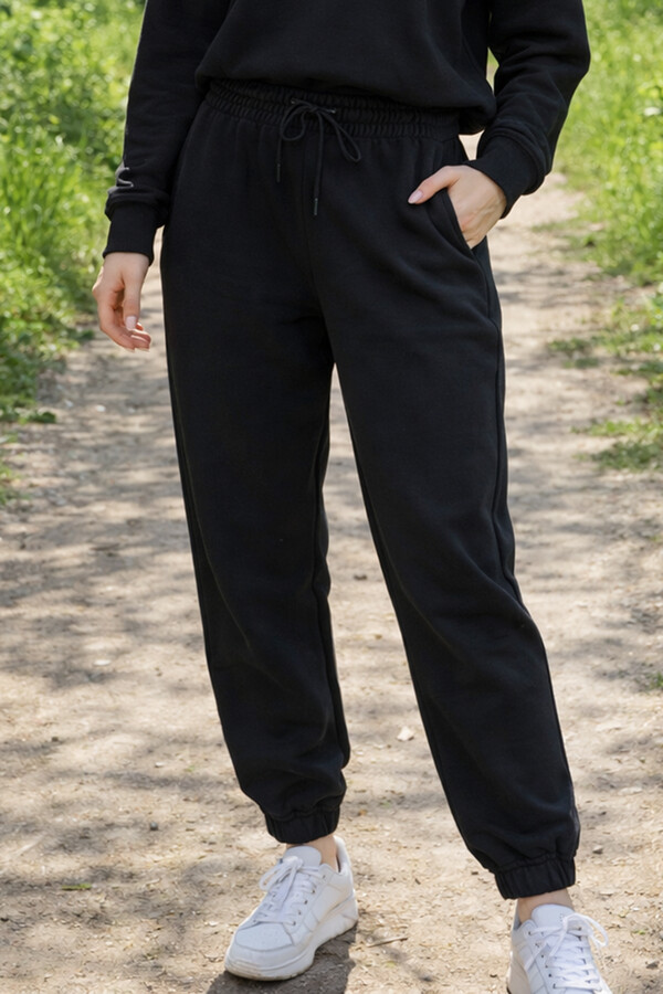 Kadın İki İplik Paçası Beli Lastikli 2 Cepli Eşofman Altı 8017 Siyah - Thumbnail