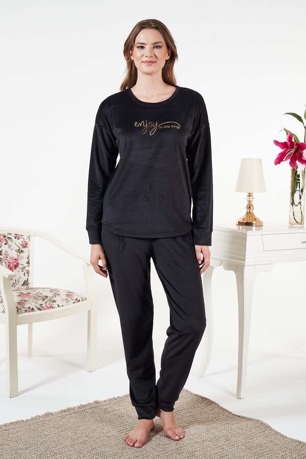 Kadın Kadife Baskılı 2'li Takım 25380 Siyah01 - Thumbnail