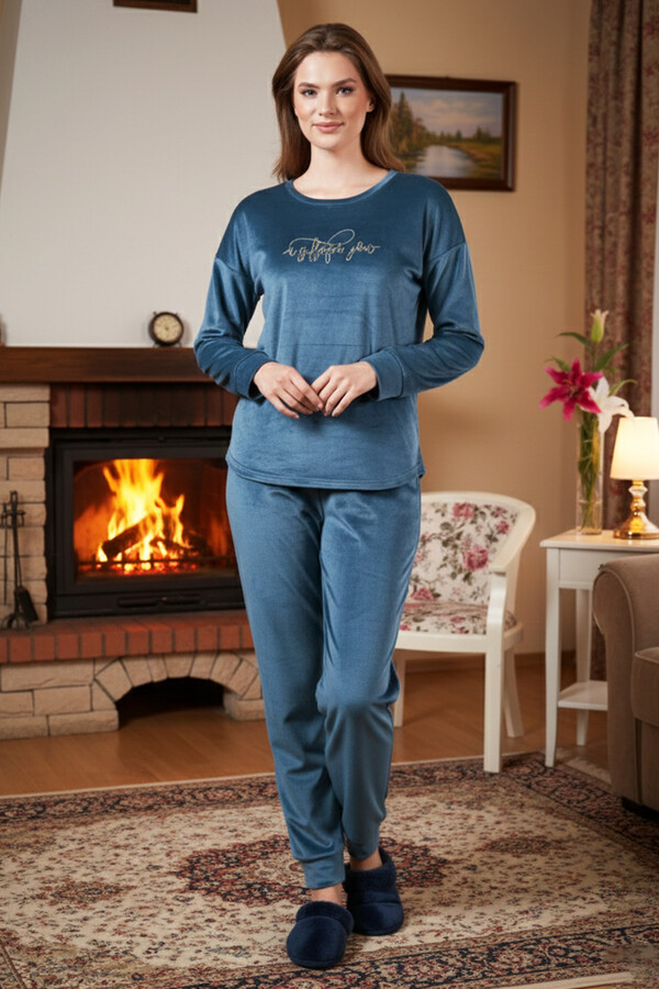 Kadın Kadife Baskılı Pijama Takımı 25380 Petrol - Thumbnail