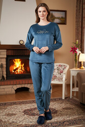 Remsa - Kadın Kadife Baskılı Pijama Takımı 25380 Petrol