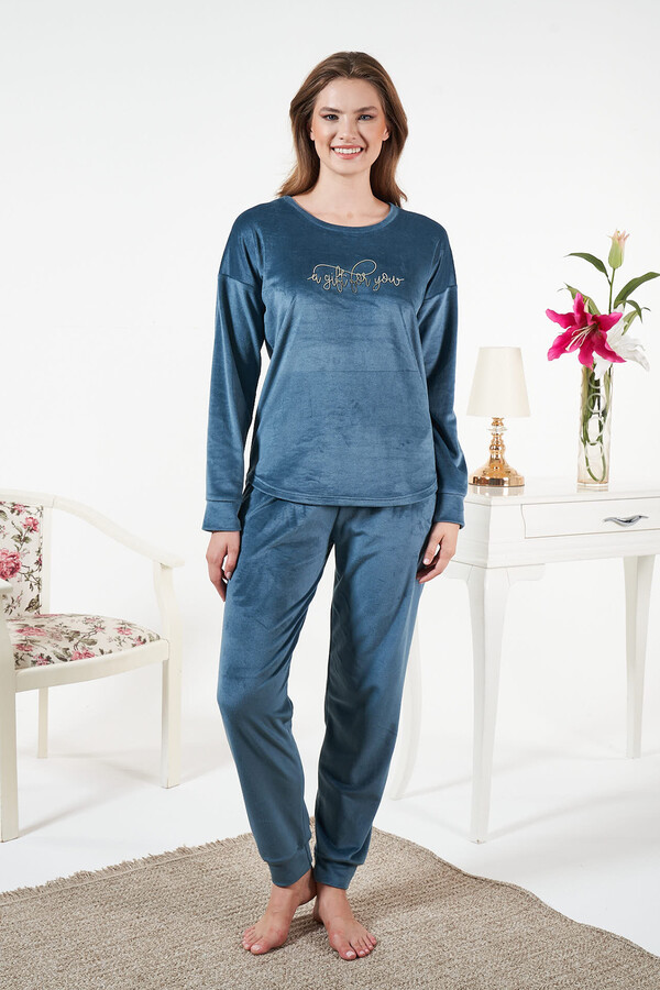 Kadın Kadife Baskılı Pijama Takımı 25380 Petrol - Thumbnail