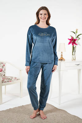 Remsa - Kadın Kadife Baskılı Pijama Takımı 25380 Petrol (1)