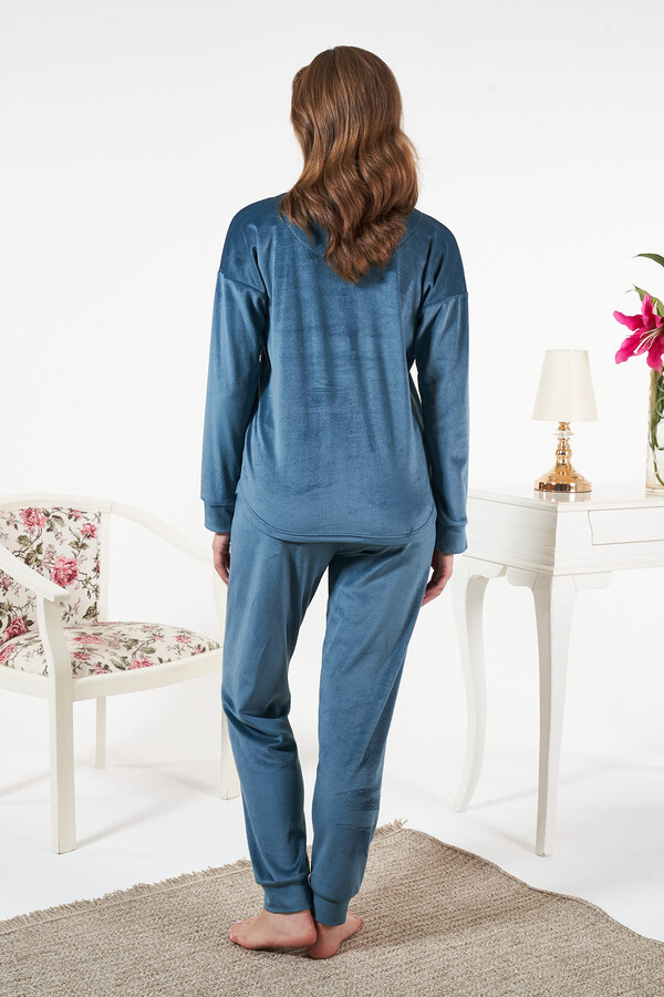 Kadın Kadife Baskılı Pijama Takımı 25380 Petrol - Thumbnail