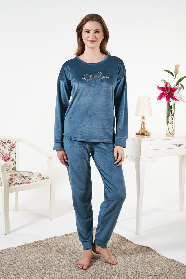 Kadın Kadife Baskılı Pijama Takımı 25380 Petrol - Thumbnail