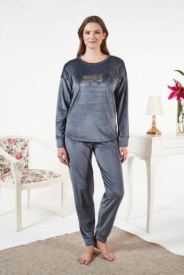 Remsa - Kadın Kadife Baskılı Pijama Takımı 25381 Antrasit (1)
