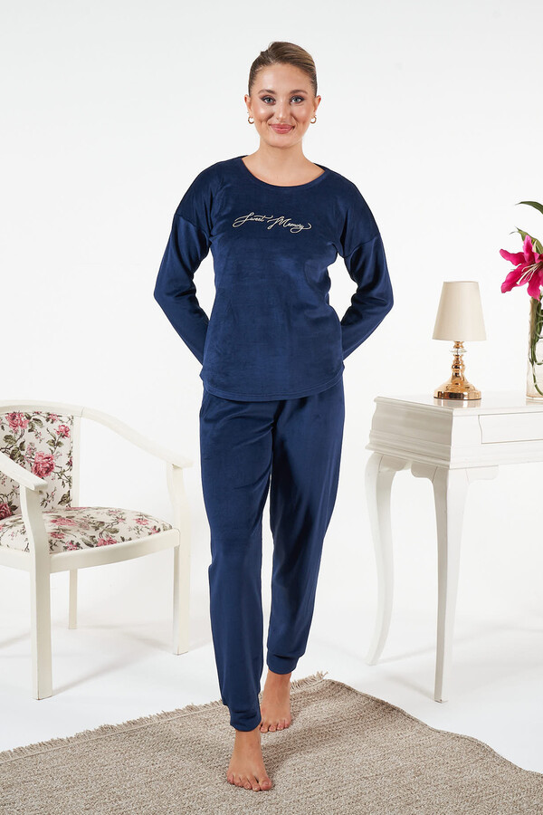 Kadın Kadife Baskılı Pijama Takımı 25381 Lacivert - Thumbnail