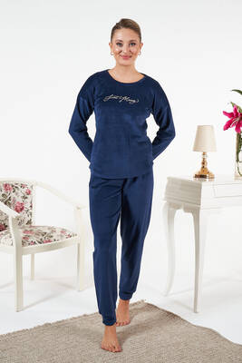 Remsa - Kadın Kadife Baskılı Pijama Takımı 25381 Lacivert (1)