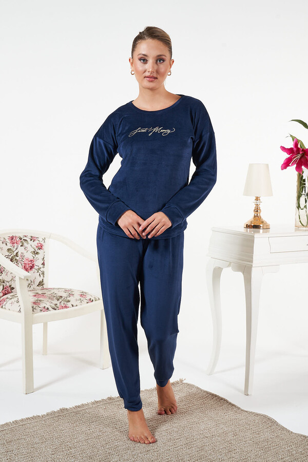 Kadın Kadife Baskılı Pijama Takımı 25381 Lacivert - Thumbnail