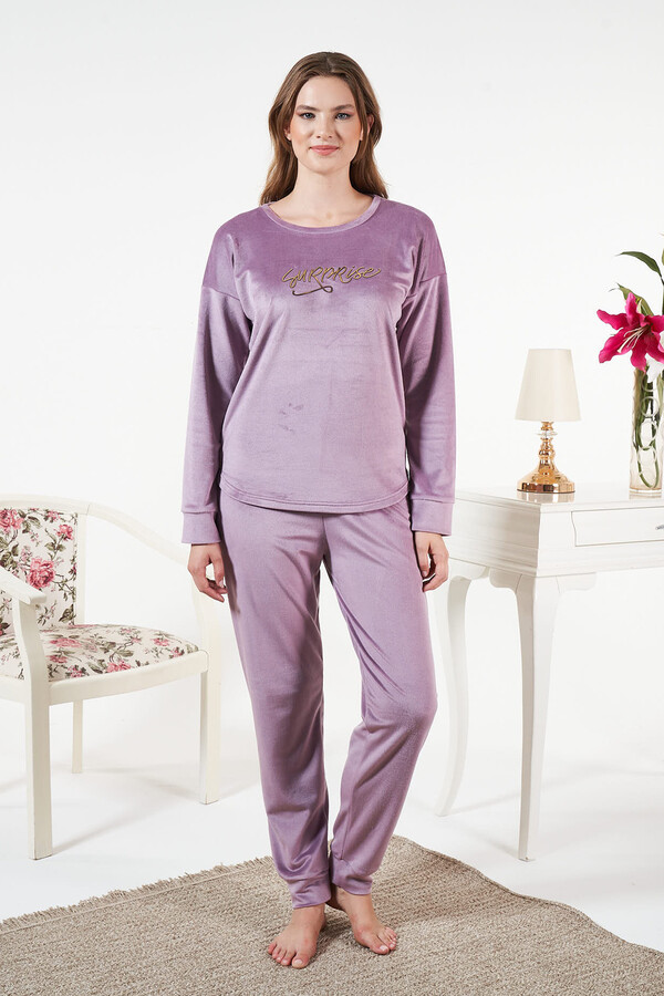 Kadın Kadife Baskılı Pijama Takımı 25381 Lila - Thumbnail