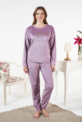 Remsa - Kadın Kadife Baskılı Pijama Takımı 25381 Lila (1)