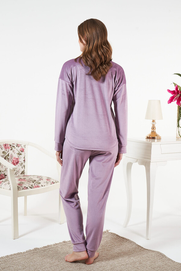 Kadın Kadife Baskılı Pijama Takımı 25381 Lila - Thumbnail