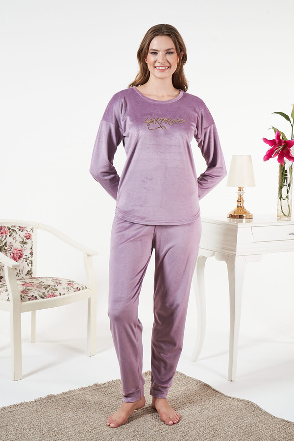Kadın Kadife Baskılı Pijama Takımı 25381 Lila - Thumbnail