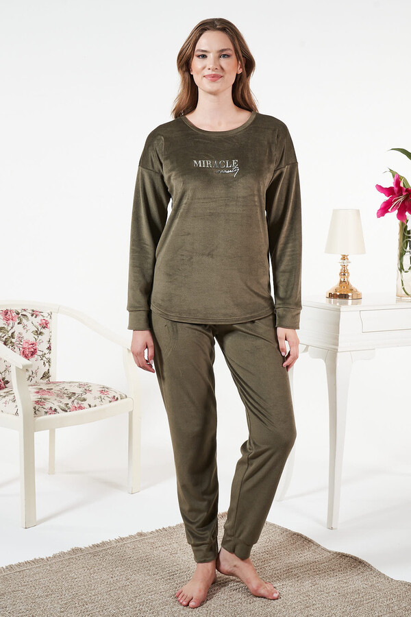 Kadın Kadife Baskılı Pijama Takımı 25382 Haki - Thumbnail