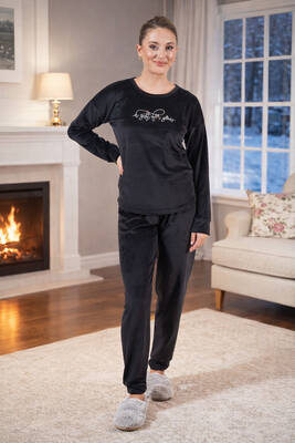 Remsa - Kadın Kadife Baskılı Pijama Takımı 25382 Siyah
