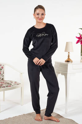 Remsa - Kadın Kadife Baskılı Pijama Takımı 25382 Siyah (1)