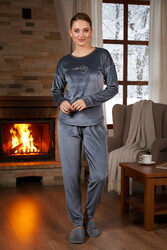 Remsa - Kadın Kadife Baskılı Pijama Takımı 25383 Antrasit