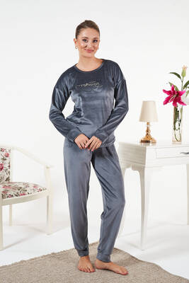 Remsa - Kadın Kadife Baskılı Pijama Takımı 25383 Antrasit (1)
