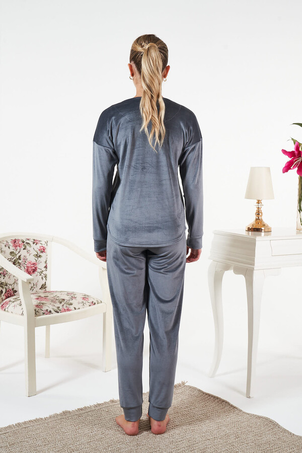 Kadın Kadife Baskılı Pijama Takımı 25383 Antrasit - Thumbnail