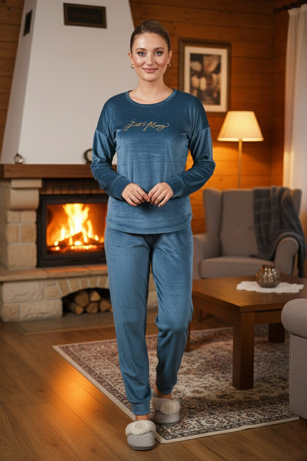 Kadın Kadife Baskılı Pijama Takımı 25383 Petrol - Thumbnail