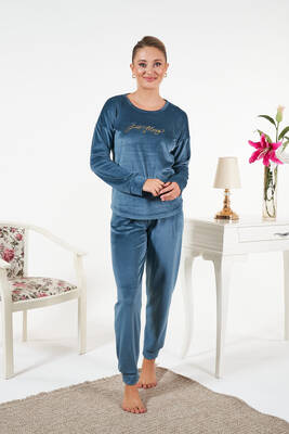 Remsa - Kadın Kadife Baskılı Pijama Takımı 25383 Petrol (1)