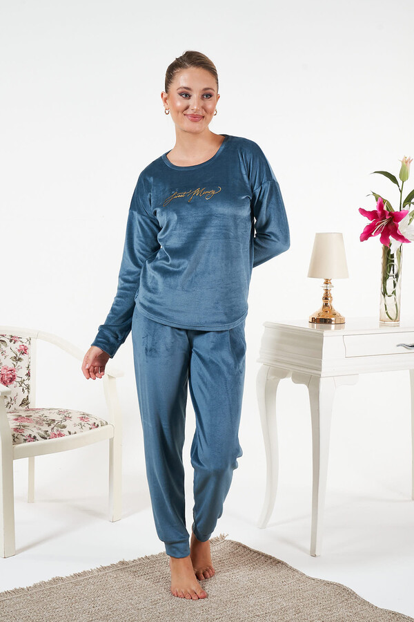 Kadın Kadife Baskılı Pijama Takımı 25383 Petrol - Thumbnail