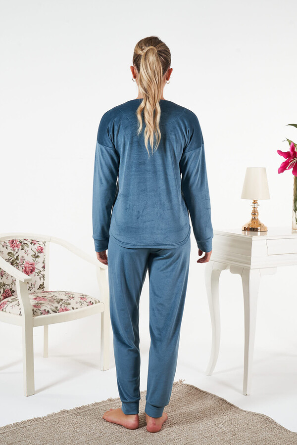 Kadın Kadife Baskılı Pijama Takımı 25383 Petrol - Thumbnail