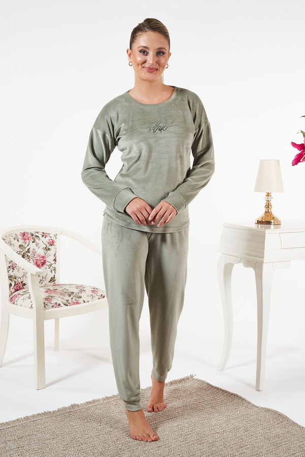 Kadın Kadife Baskılı Pijama Takımı 25385 Mint - Thumbnail