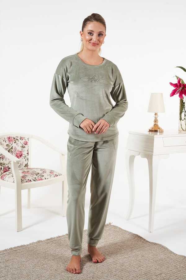 Kadın Kadife Baskılı Pijama Takımı 25385 Mint - Thumbnail