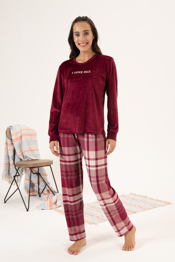 Kadın Kadife Ekose Pijama Takımı 24353 Bordo