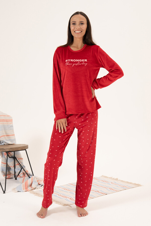Kadın Kadife Kalpli Pijama Takımı 24352 Kırmızı