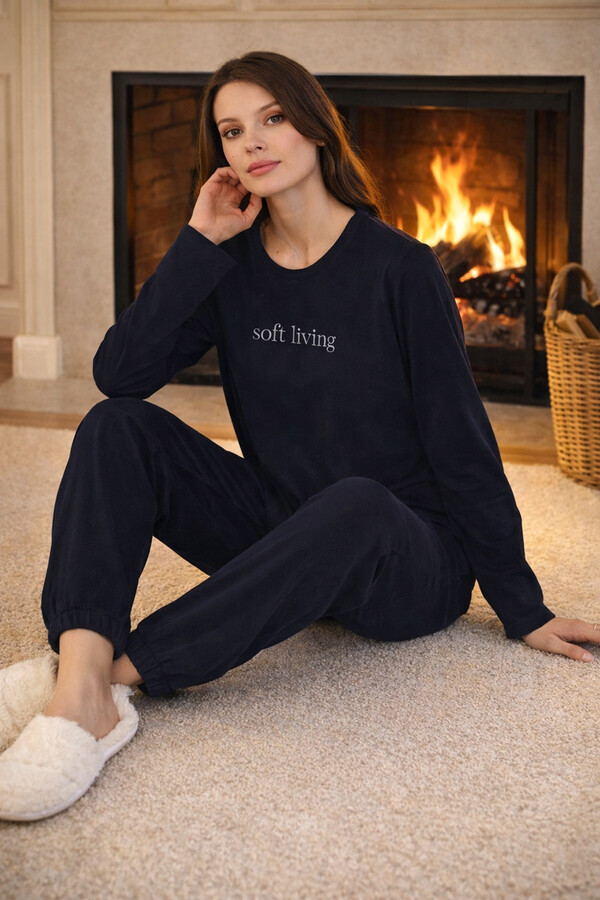 Kadın Kadife Kumaş Pijama Takımı 13164-2195 Lacivert - Thumbnail