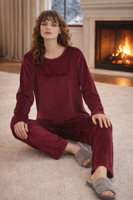 Remsa - Kadın Kadife Kumaş Pijama Takımı 13164-3008 Bordo
