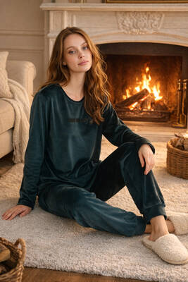 Remsa - Kadın Kadife Kumaş Pijama Takımı 13165-2197 Petrol01