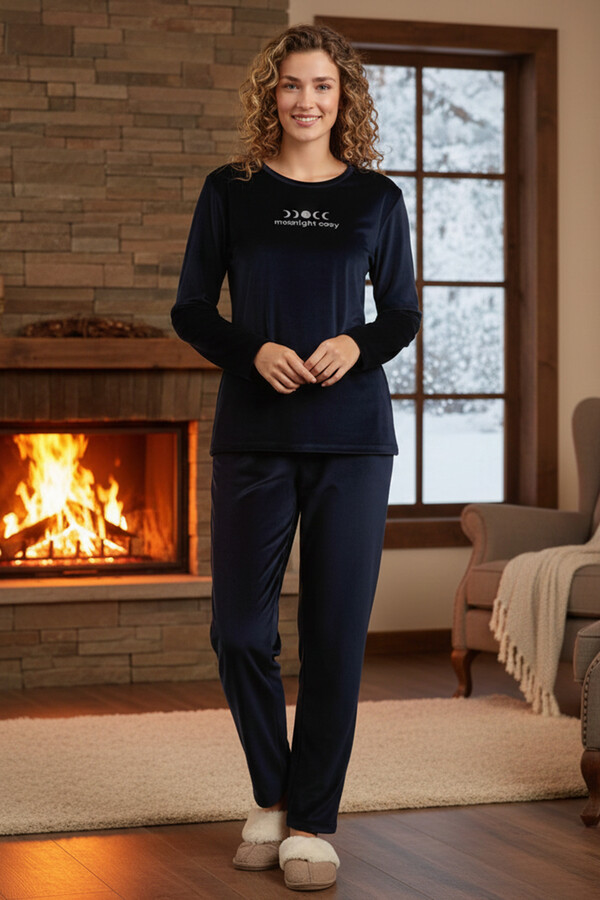 Kadın Kadife Kumaş Pijama Takımı 13165-2538 Lacivert01 - Thumbnail