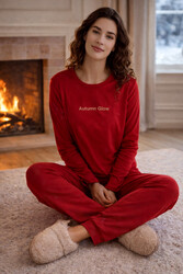 Remsa - Kadın Kadife Kumaş Pijama Takımı 13165-2892 Kırmızı