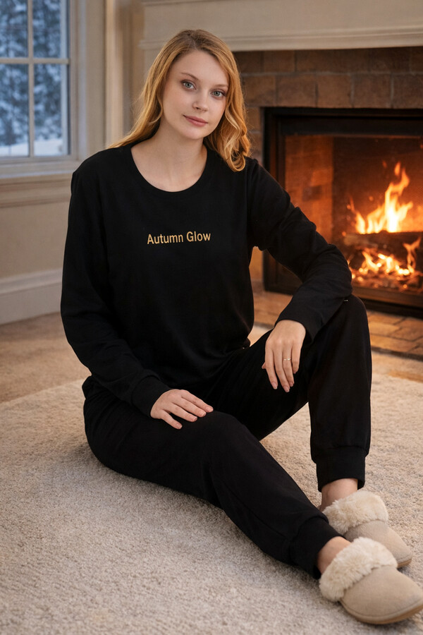 Kadın Kadife Kumaş Pijama Takımı 13165-2967 Siyah - Thumbnail