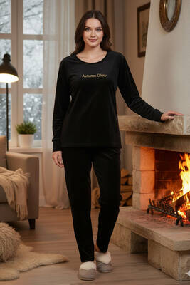 Remsa - Kadın Kadife Kumaş Pijama Takımı 13165-2967 Siyah (1)