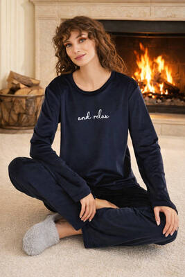 Remsa - Kadın Kadife Kumaş Pijama Takımı 13166-2785 Lacivert03 (1)