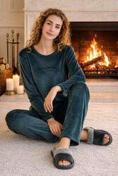 Remsa - Kadın Kadife Kumaş Pijama Takımı 13166-2888 Petrol01